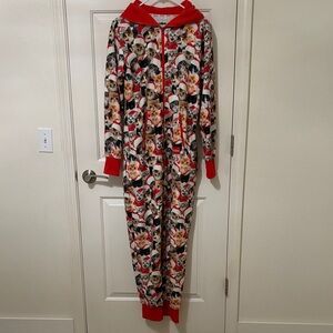 Men’s Tipsy Elves Meowy Catmus Fleece Onesie Hooded Jumpsuit Size Small
